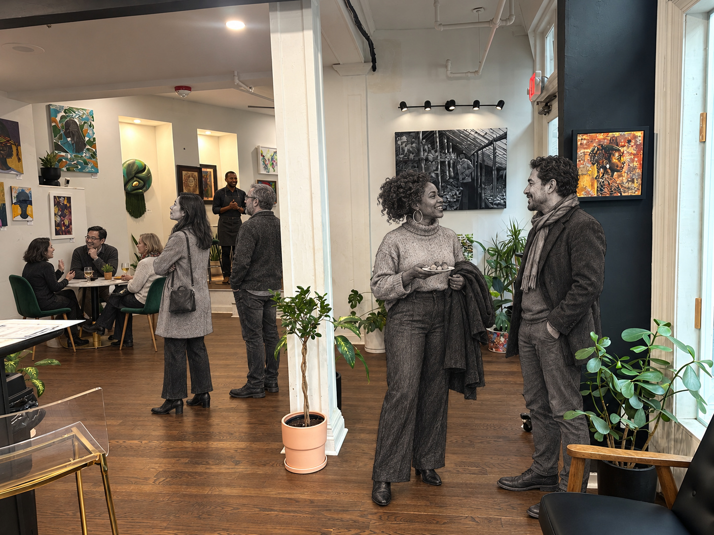 An authentic view from the Botany Bar toward the Gallery, with original wood floors, art and plants