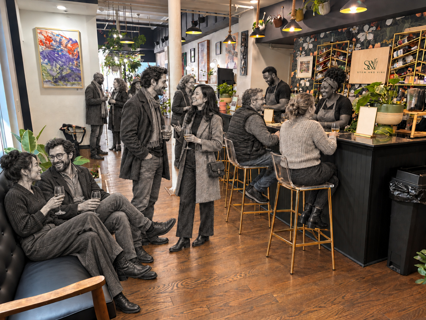 The actual Stem & Vine Botany Bar with colorful art, two illustrated guests on the sofa, and other grayscale guests gathered by the bar
