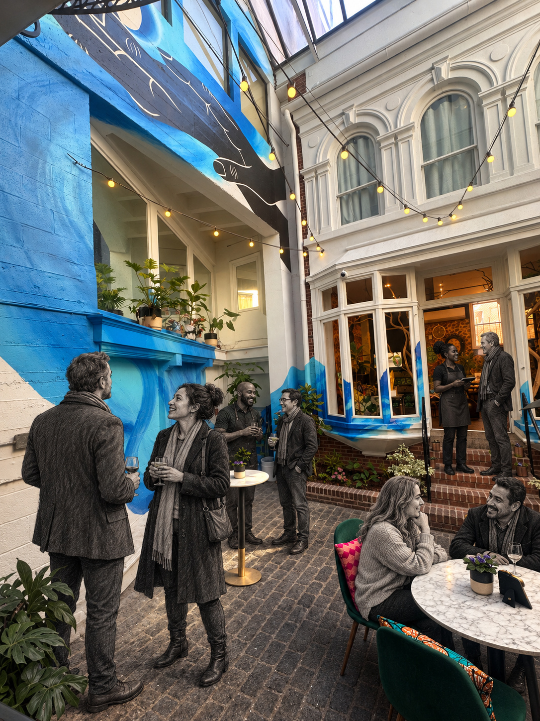 The actual Courtyard with its large hand mural clearly visible above the original blue walls and brick floor