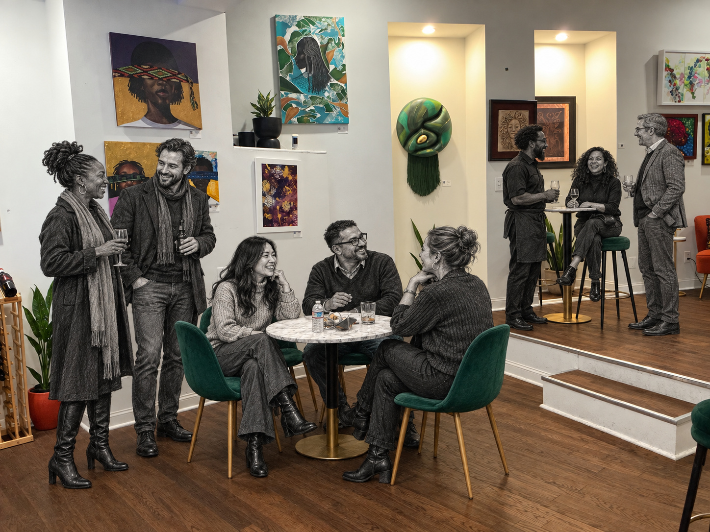 Actual Stem & Vine Gallery with original artwork and orange seating