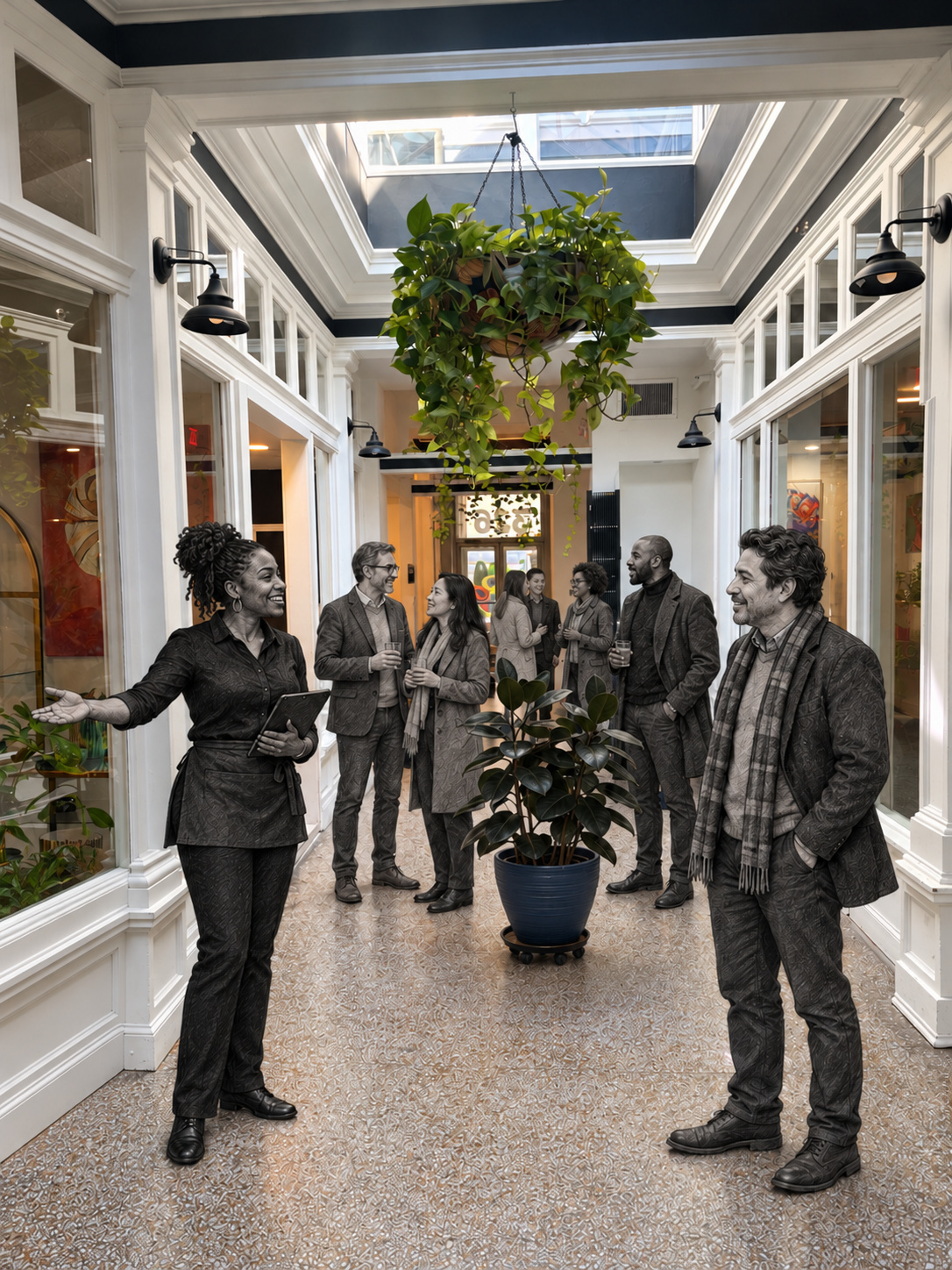 Actual plant-lined Hallway at Stem & Vine, with original glass-fronted rooms and skylights