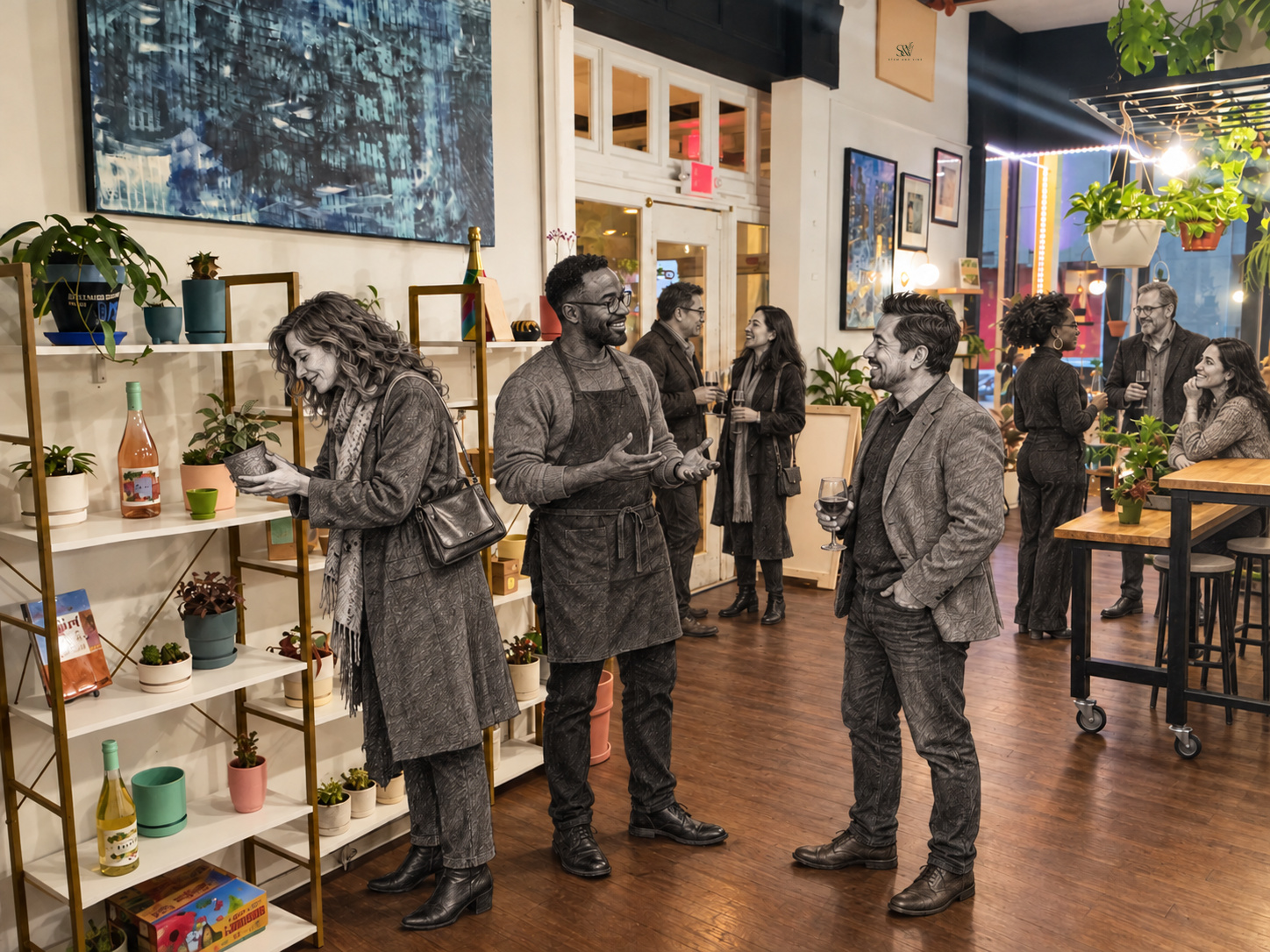 Actual Stem & Vine botanical retail shelves, houseplants, artwork and original wood floor