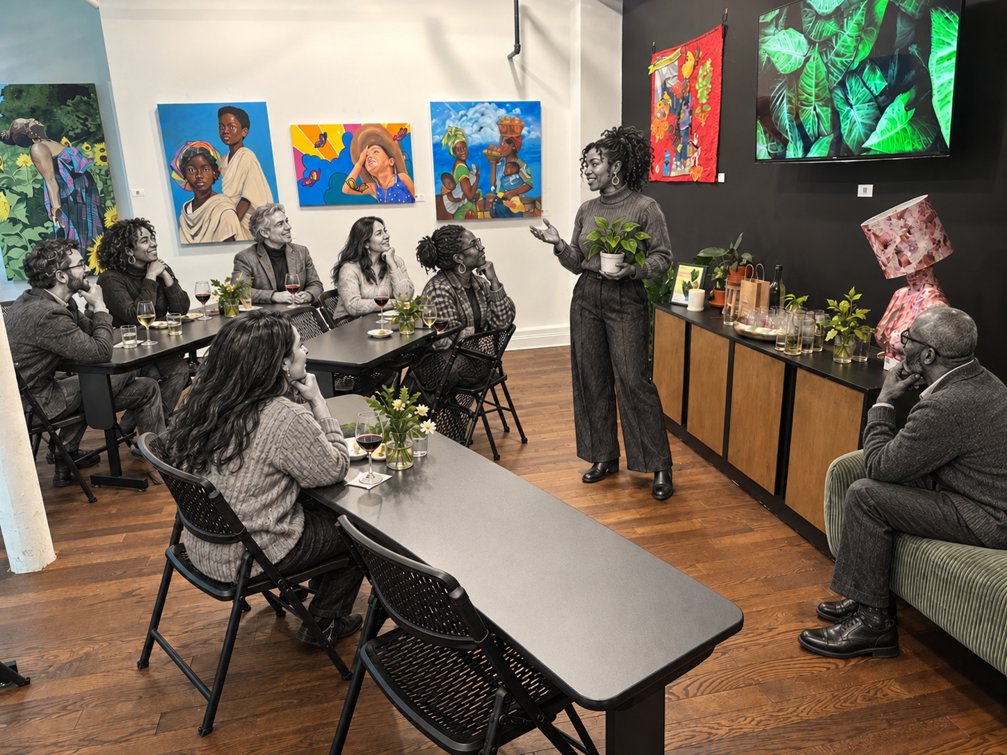 The actual STEM Room with its original art, black tables and chairs, and a diverse group of grayscale sketch guests led by a Black facilitator